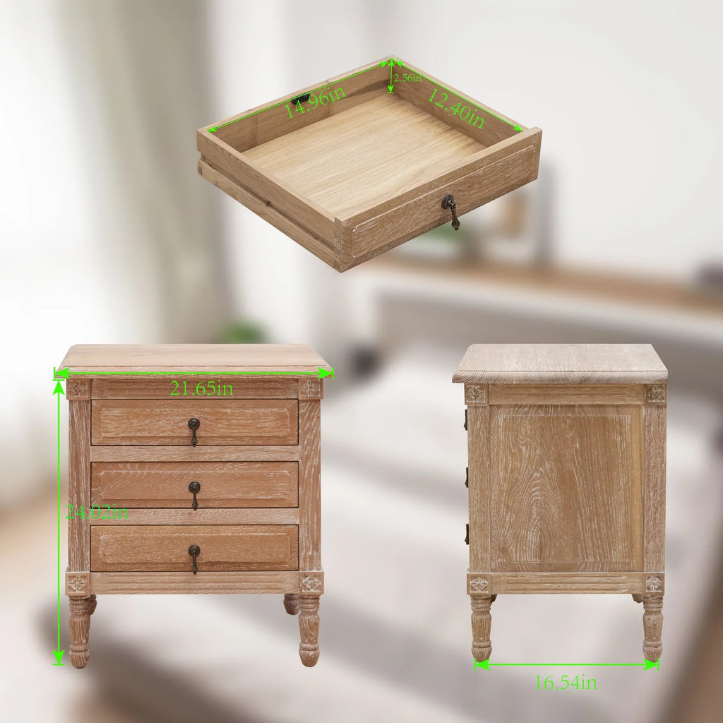 Pellebant Oak Nightstand with 3 Drawers Bedroom Pieces