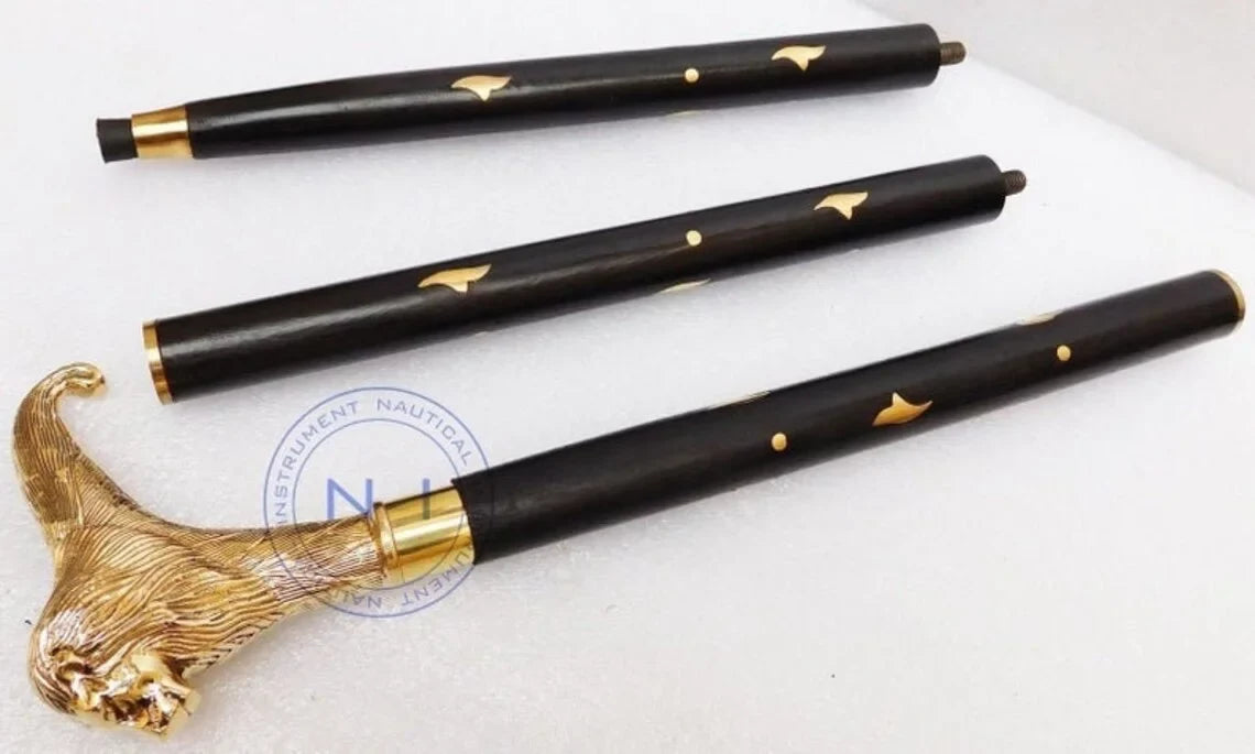 Victorian Premium Walking Cane Beautiful Plated Sturdy Brass Handle Walking Stick With Inlayed & Crutches Buffed Polished Canes for Men and Women (Lion)