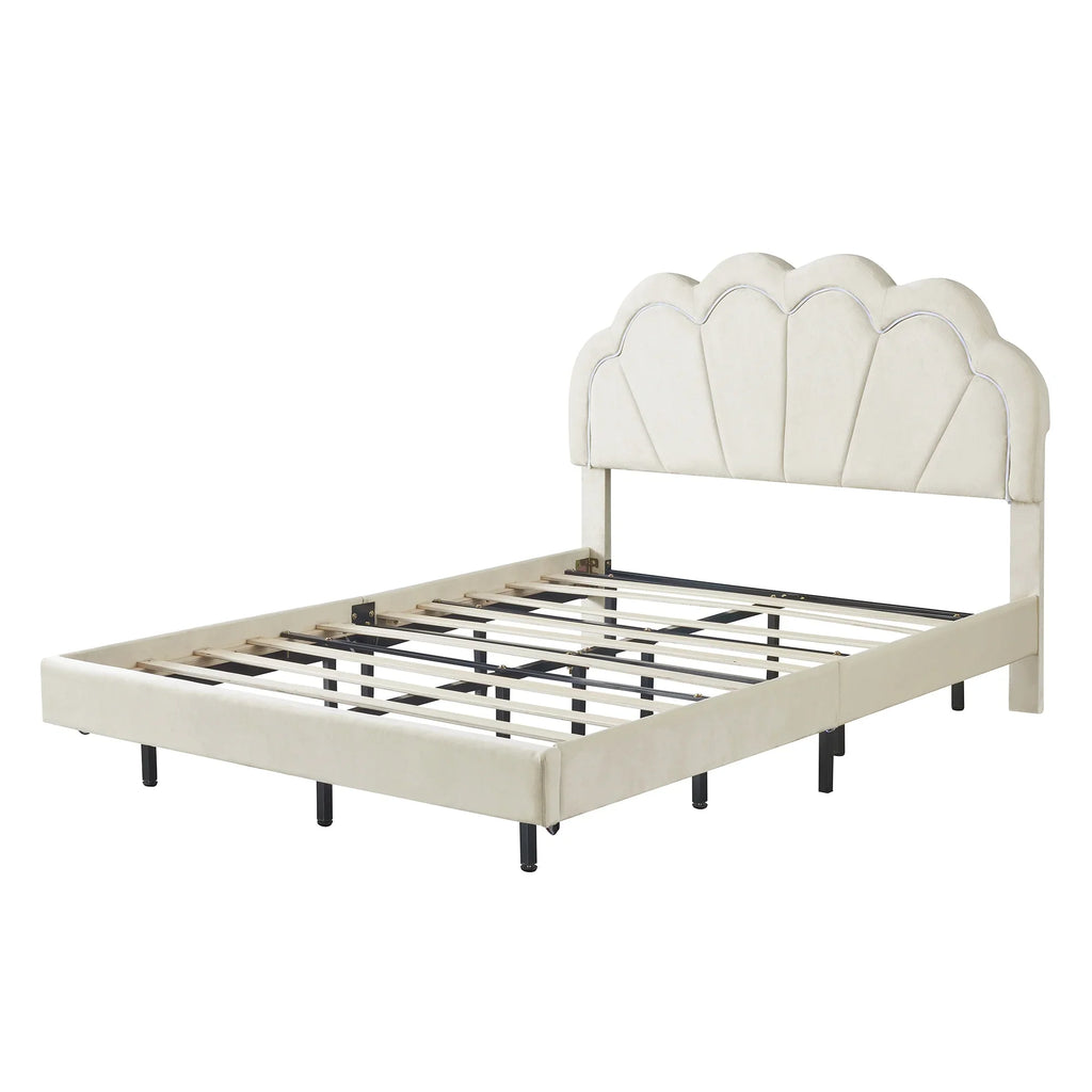 Cosymart Full Upholstered Smart LED Bed Frame with Elegant Flowers Headboard， Floating Velvet Platform LED Bed with Timber Slats Support， Beige