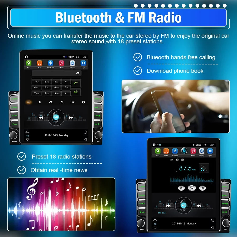 Podofo Double 2 Din 9.7 inch Vertical Touch Screen Car Stereo Radio Android 12 Mirror Link GPS Navi Bluetooth Wifi GPS FM USB with Backup Camera