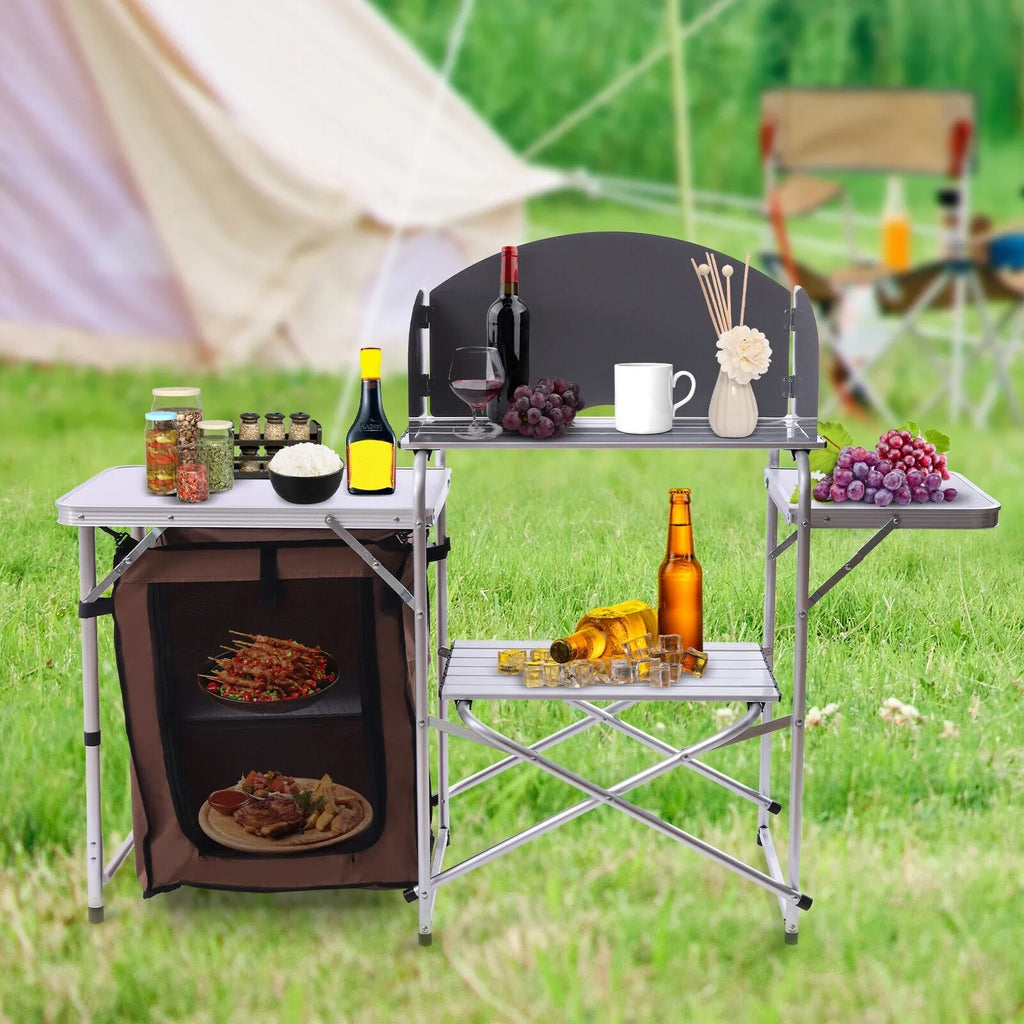 DENEST Folding Camping Kitchen Station Portable Barbecue Table Rack Brown Fabric Shield