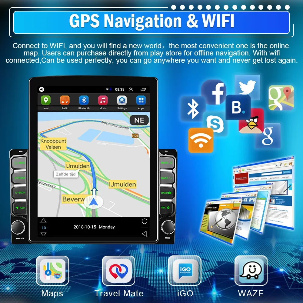 Podofo Double 2 Din 9.7 inch Vertical Touch Screen Car Stereo Radio Android 12 Mirror Link GPS Navi Bluetooth Wifi GPS FM USB with Backup Camera