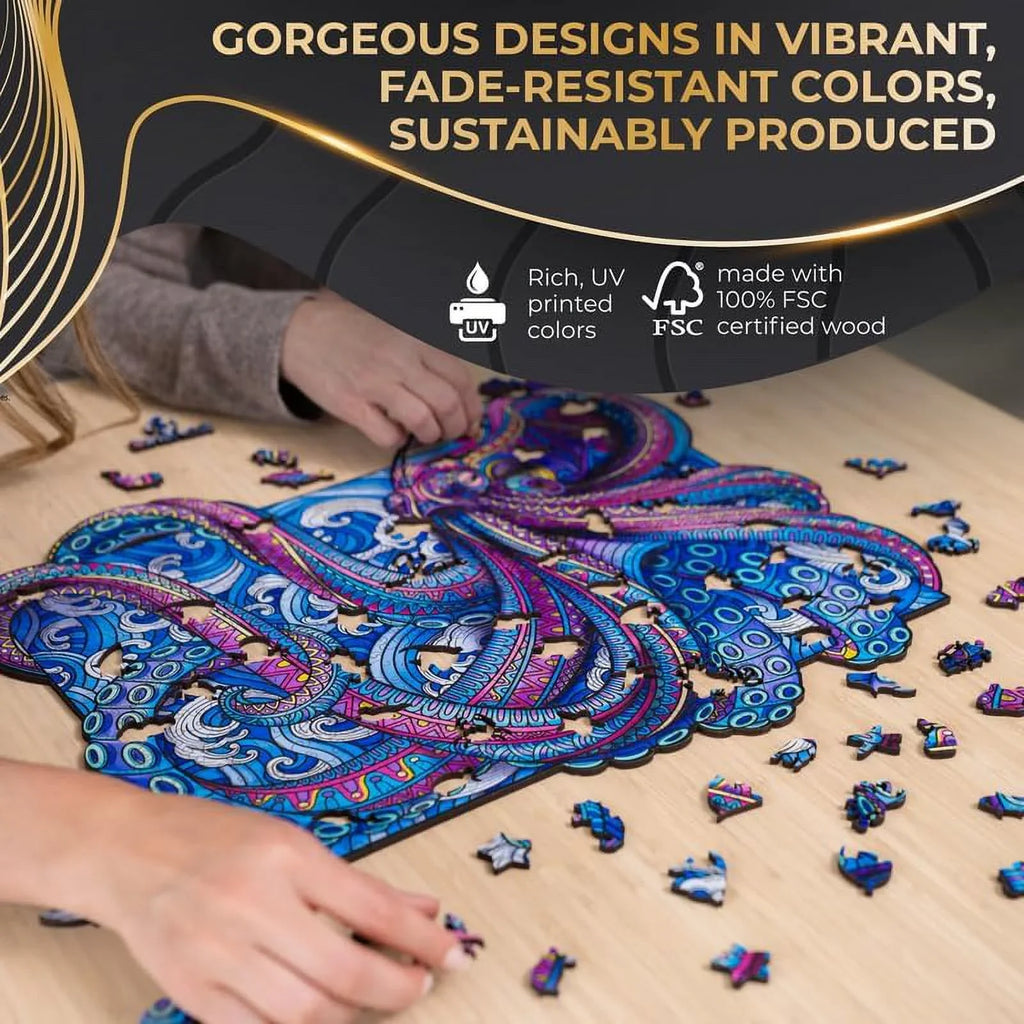 ZenChalet Octopus Puzzle Premium Timber Jigsaw Puzzle for Adults featuring 200 Uniquely Shaped Precision Cut Plank Pieces