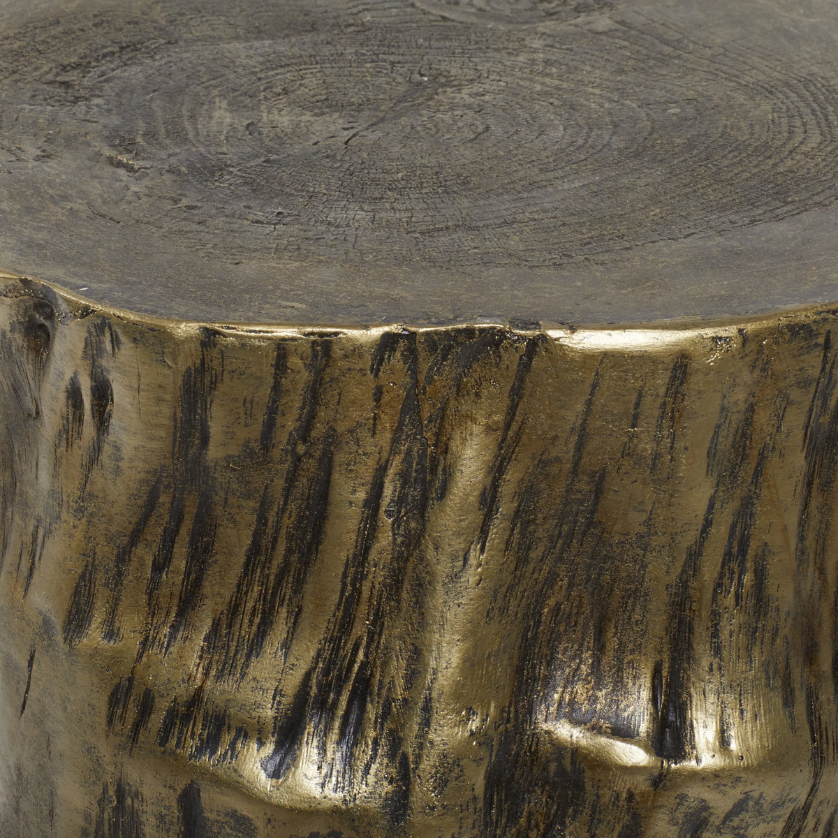 DecMode Eclectic Gold Chopped Tree Log Inspired Accent Table, 18"W x 19"H with Gold Carved Lumber Grain Finish