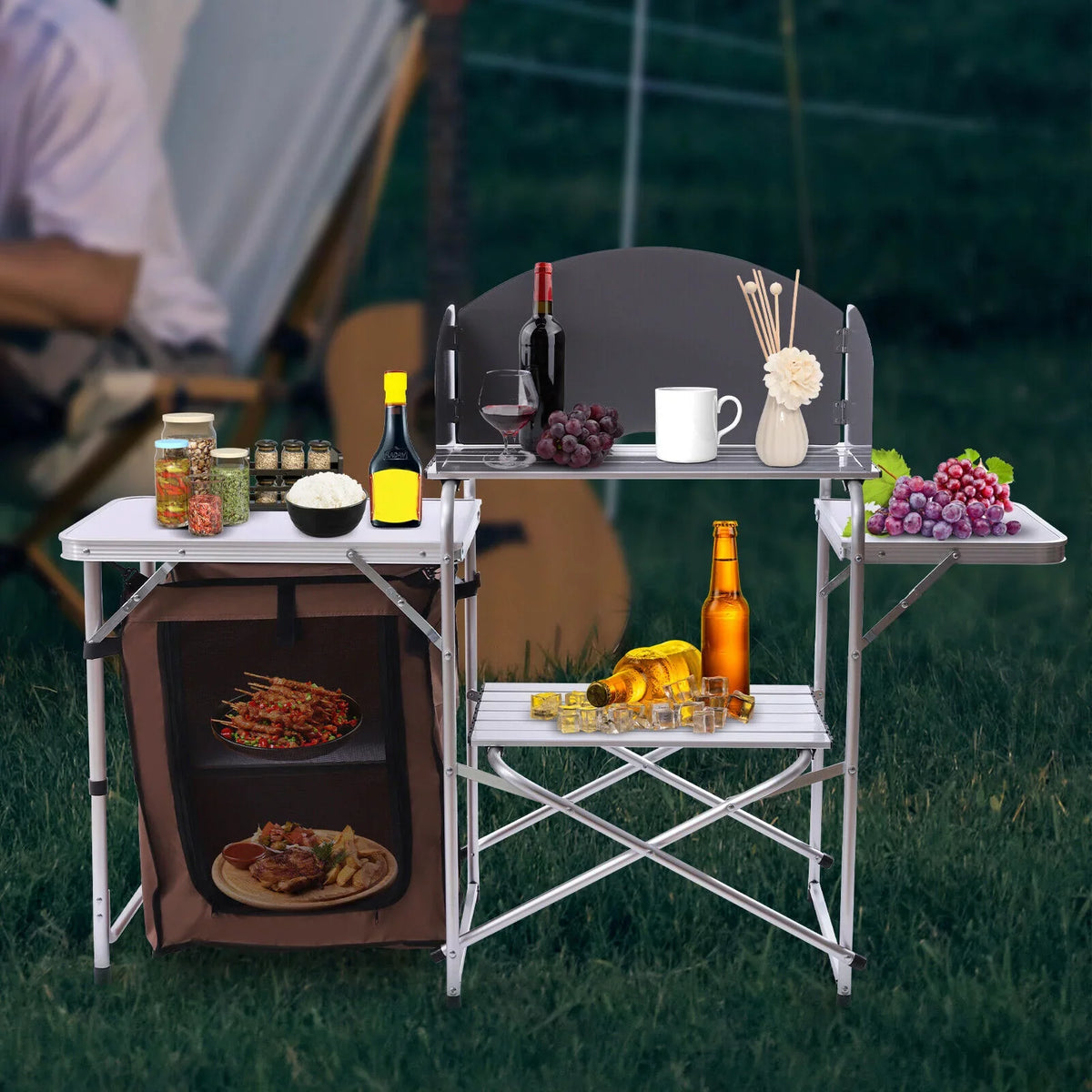 DENEST Folding Camping Kitchen Station Portable Barbecue Table Rack Brown Fabric Shield