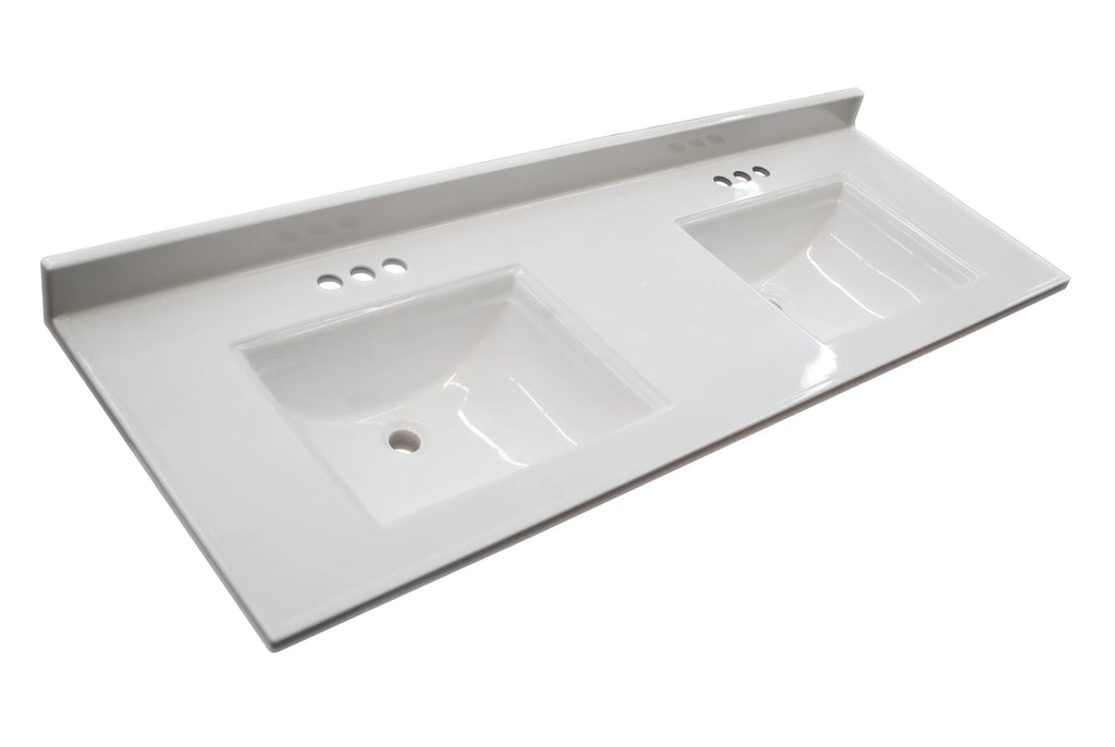 Pattern House 557678-WHT 61-inch Camilla Cultured Marble Centerset Mount Rectangle Double Bowl Vanity Top with Integrated Backsplash, Strong White