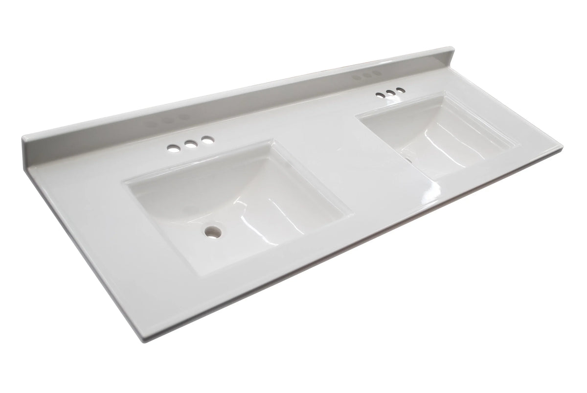 Pattern House 557678-WHT 61-inch Camilla Cultured Marble Centerset Mount Rectangle Double Bowl Vanity Top with Integrated Backsplash, Strong White