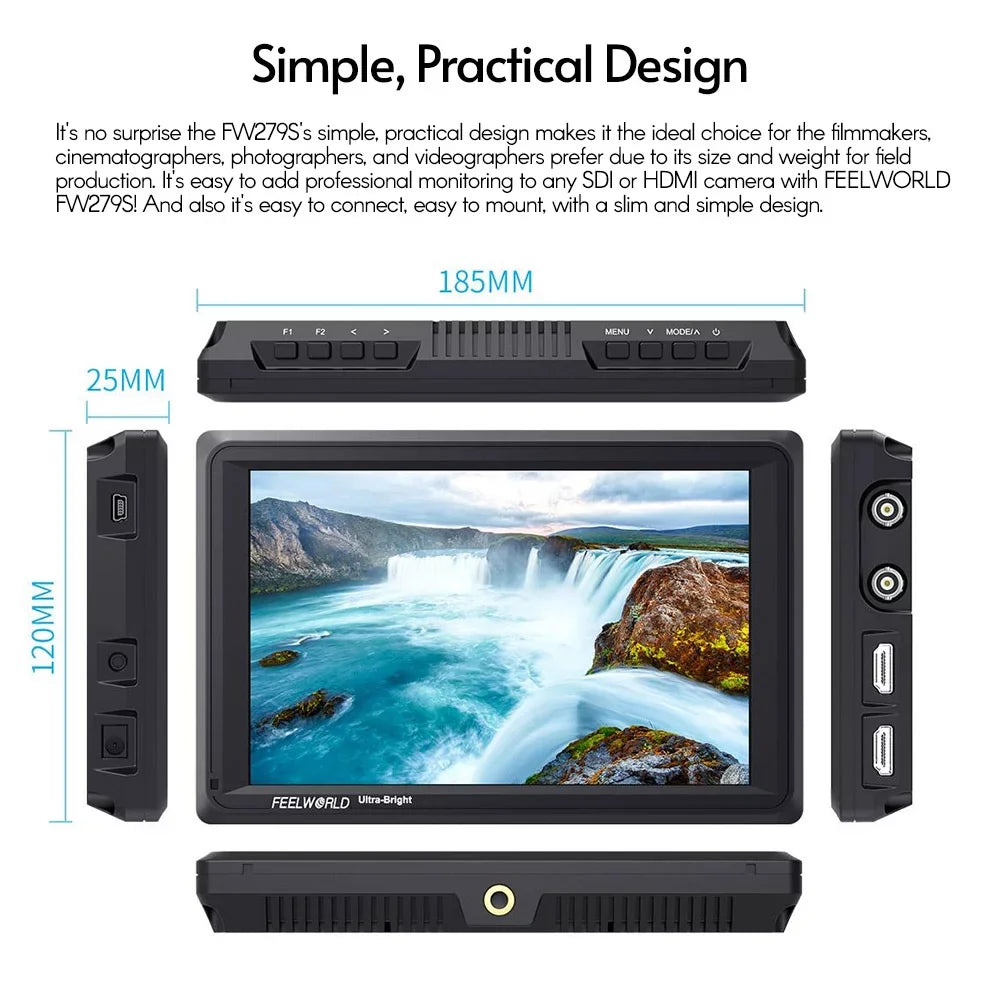 FEELWORLD FW279S 7 Inch 2200nit Ultra Bright Daylight Viewable Field Monitor Thin Style 3G-SDI 4K Input Output 1920*1200 IPS Panel for Outside / Viewable Even in Direct Sunlight
