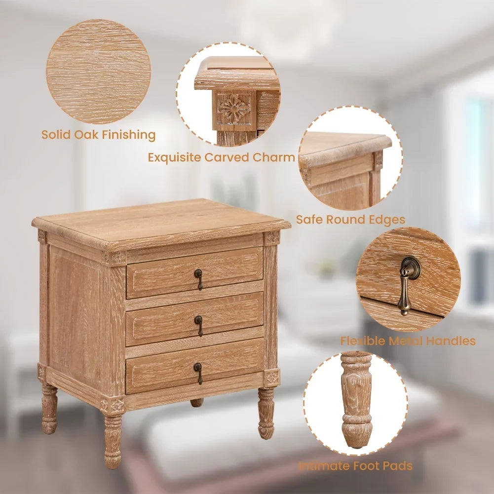 Pellebant Oak Nightstand with 3 Drawers Bedroom Pieces