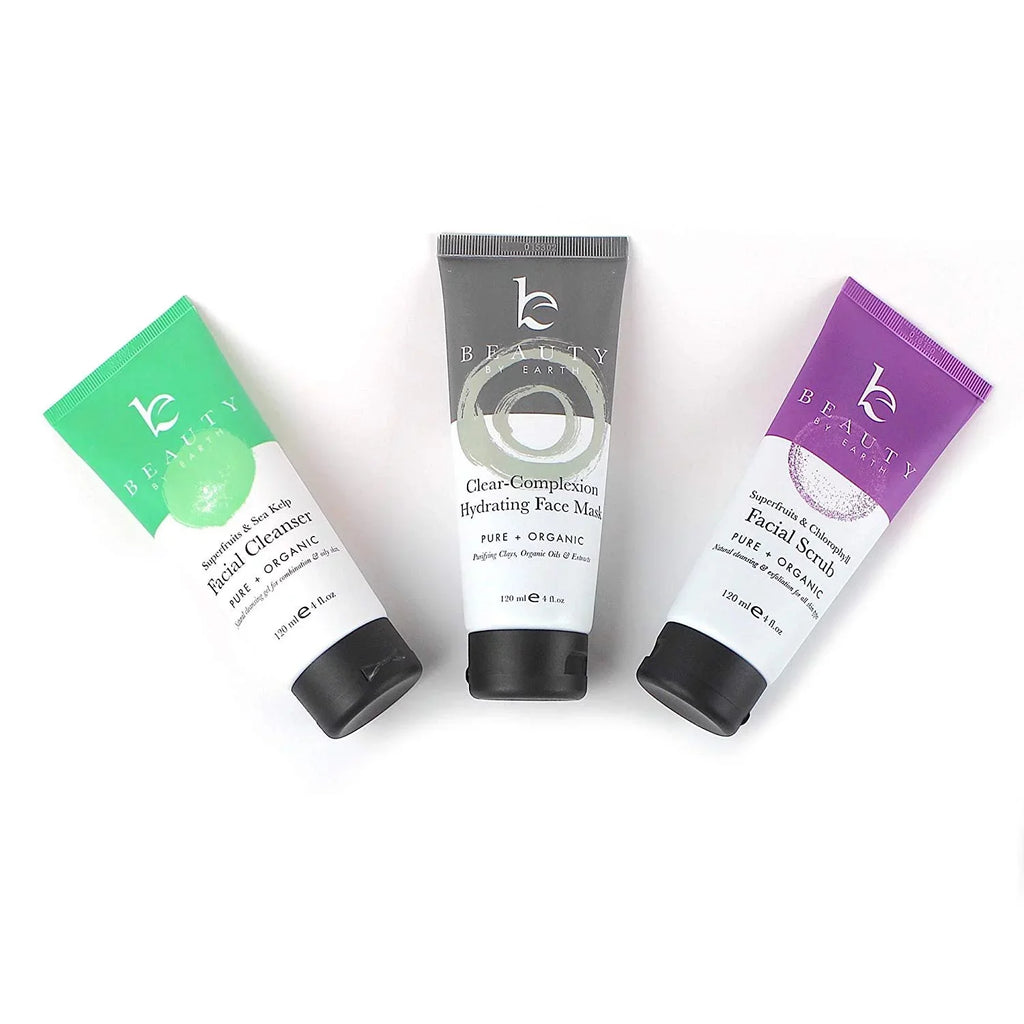 Natural Facial Kit – Facial Wash, Facial Scrub and Clay Mask made with natural ingredients for a gentle facial. The Wash is an invigorating soap, the Scrub contains anti-aging agents
