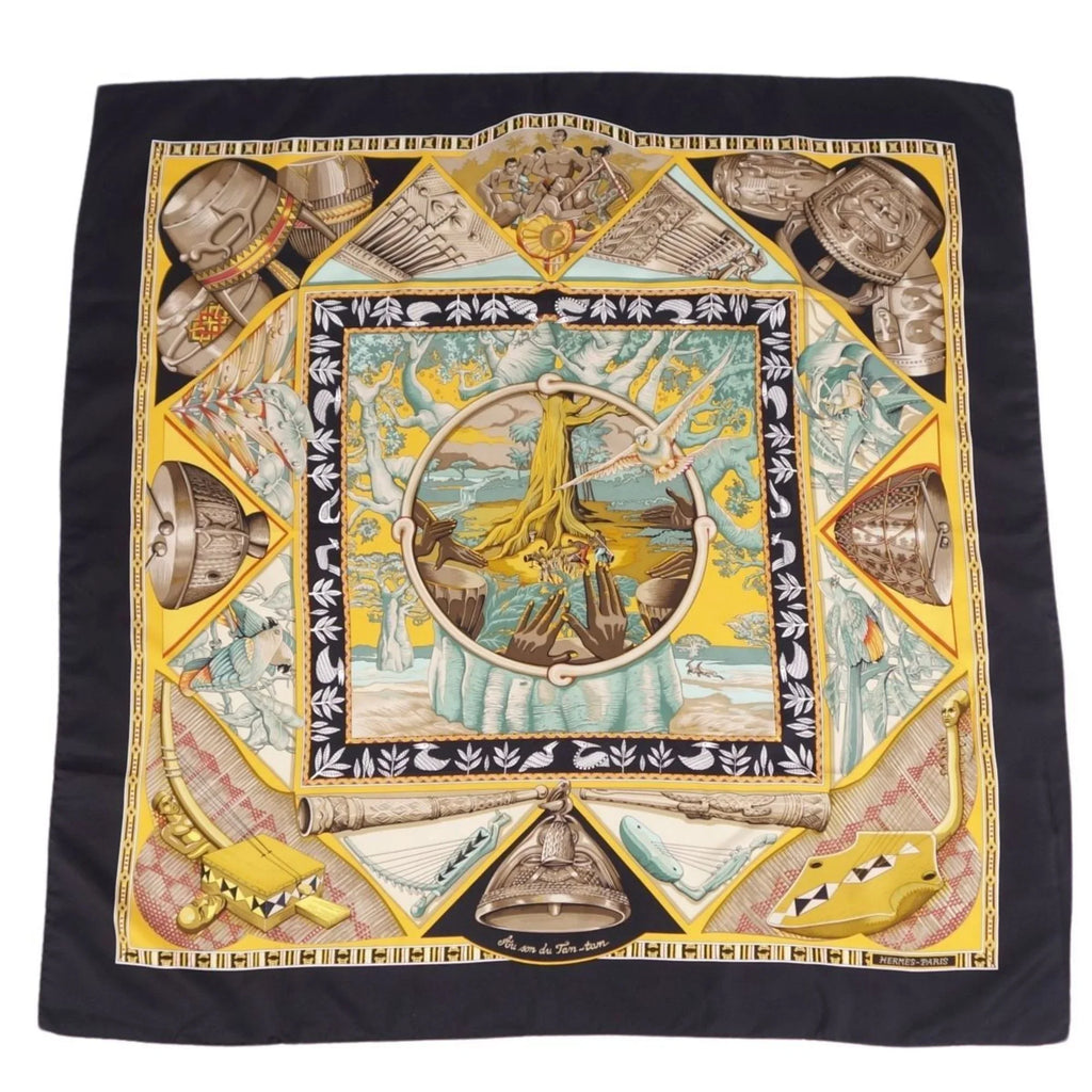 Pre-Owned HERMES Scarf Muffler Carre 90 Au Son du Tam To the sound of tam 100% silk ladies multi color (Good)