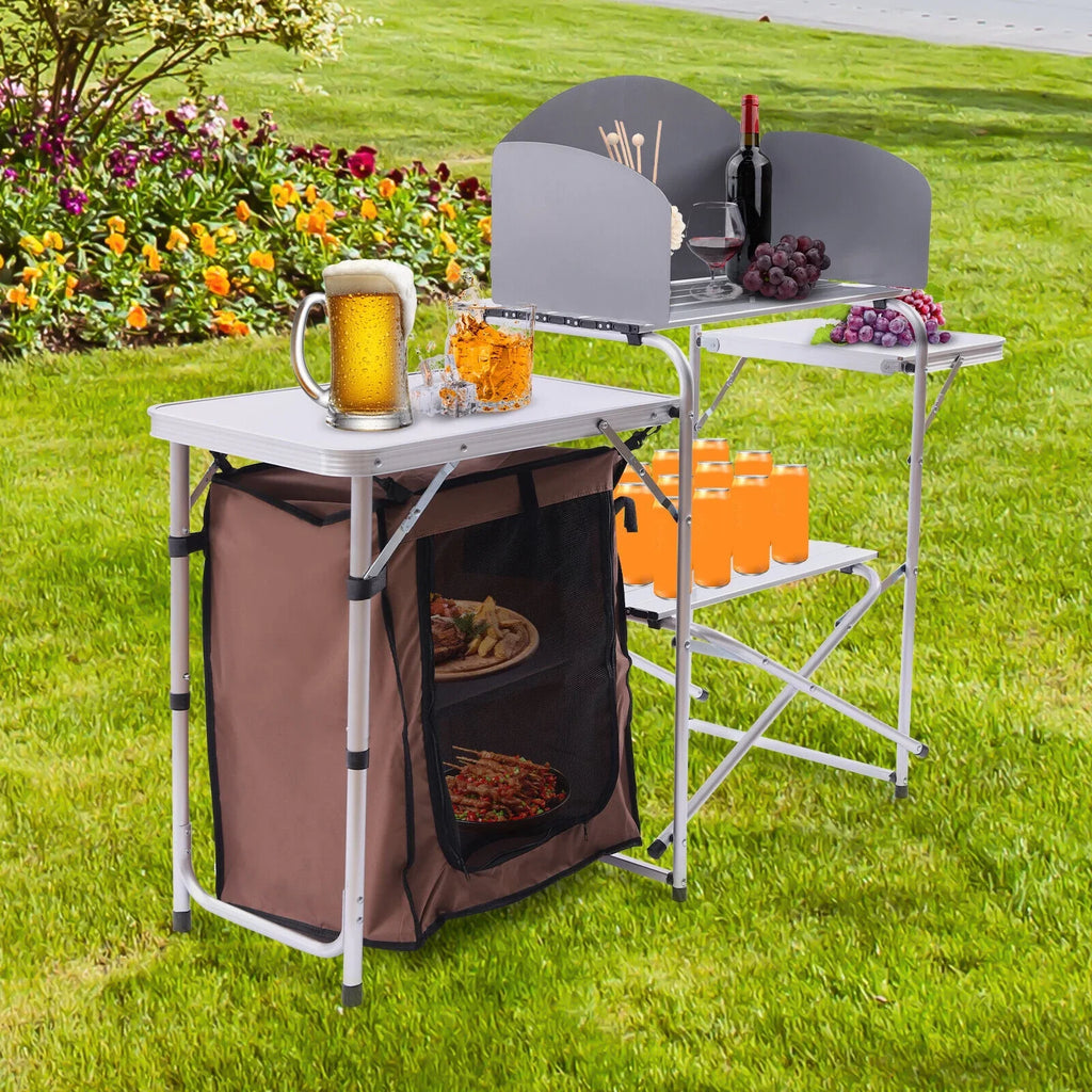 DENEST Folding Camping Kitchen Station Portable Barbecue Table Rack Brown Fabric Shield