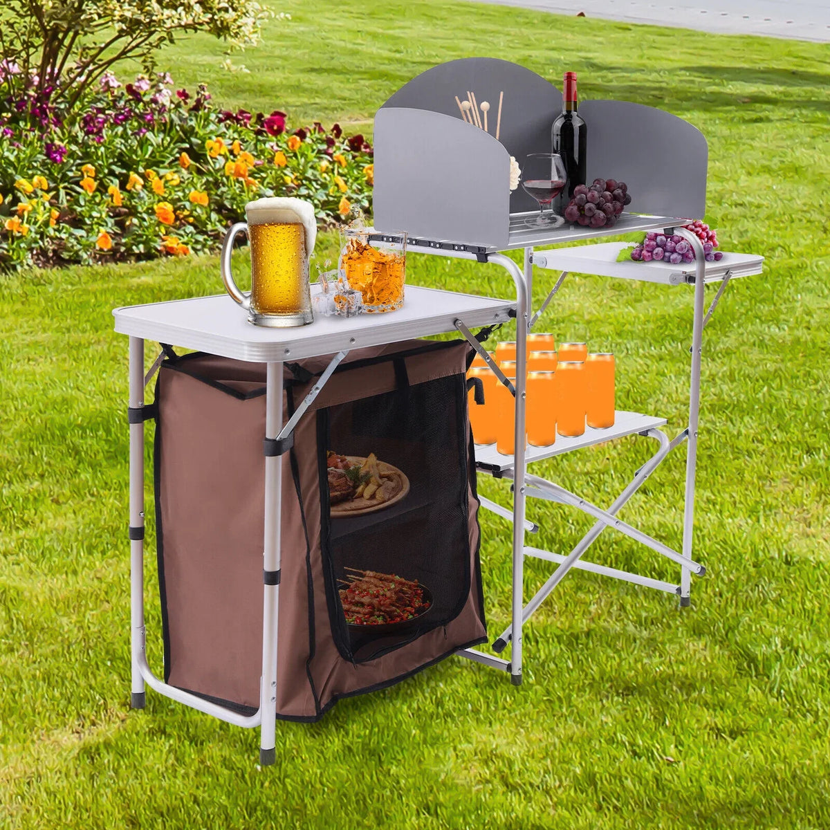 DENEST Folding Camping Kitchen Station Portable Barbecue Table Rack Brown Fabric Shield