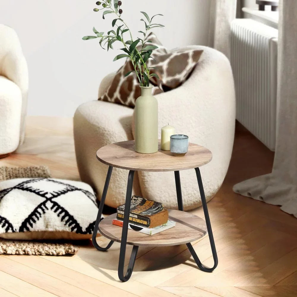 HomeRoots 483708 18 in. Manufactured Plank & Steel Round End Table, Black & Oak