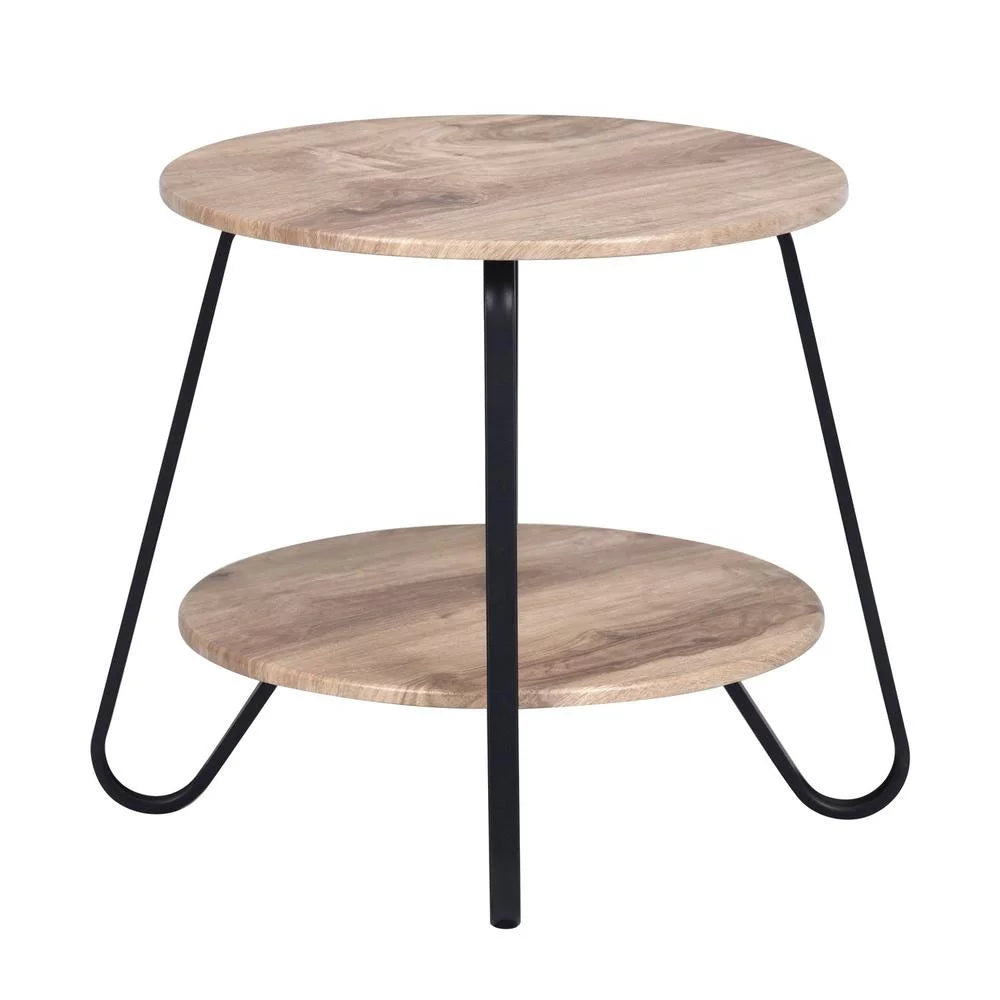 HomeRoots 483708 18 in. Manufactured Plank & Steel Round End Table, Black & Oak