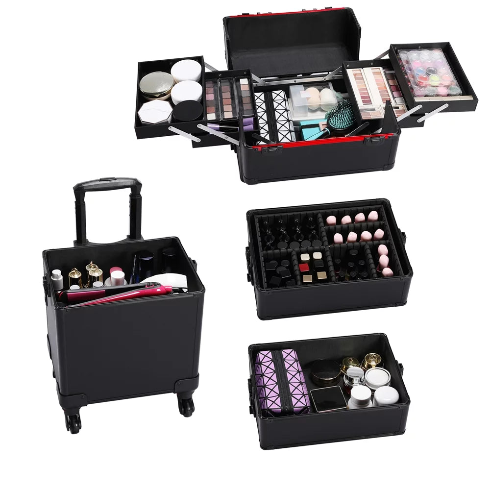 Alden Arrangement Professional 4-in-1 Aluminum Travel Cosmetic Makeup Case, Black