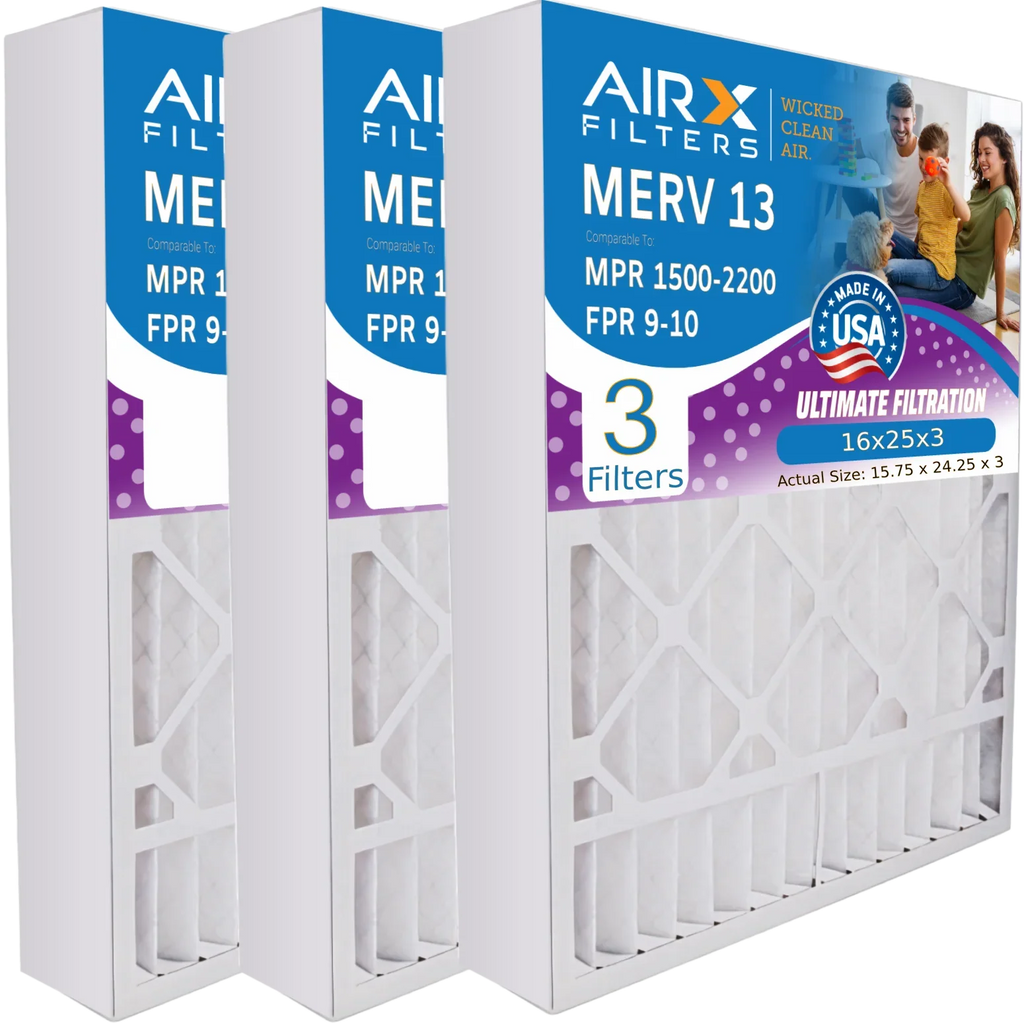 16x25x3 Air Filter MERV 13 Comparable to MPR 1500 - 2200 & FPR 9 Compatible with Air Bear 255649-101 Premium USA Made 16x25x3 Furnace Filter 3 Pack by AIRX FILTERS WICKED CLEAN AIR.