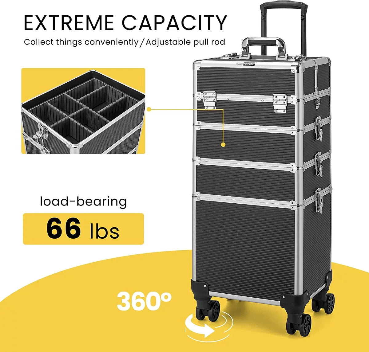 VIVOHOME 4 in 1 Makeup Rolling Train Case Aluminum Trolley Professional Cosmetic Organizer Box with Shoulder Straps 2 Keys Black(Cosmetic are not included)