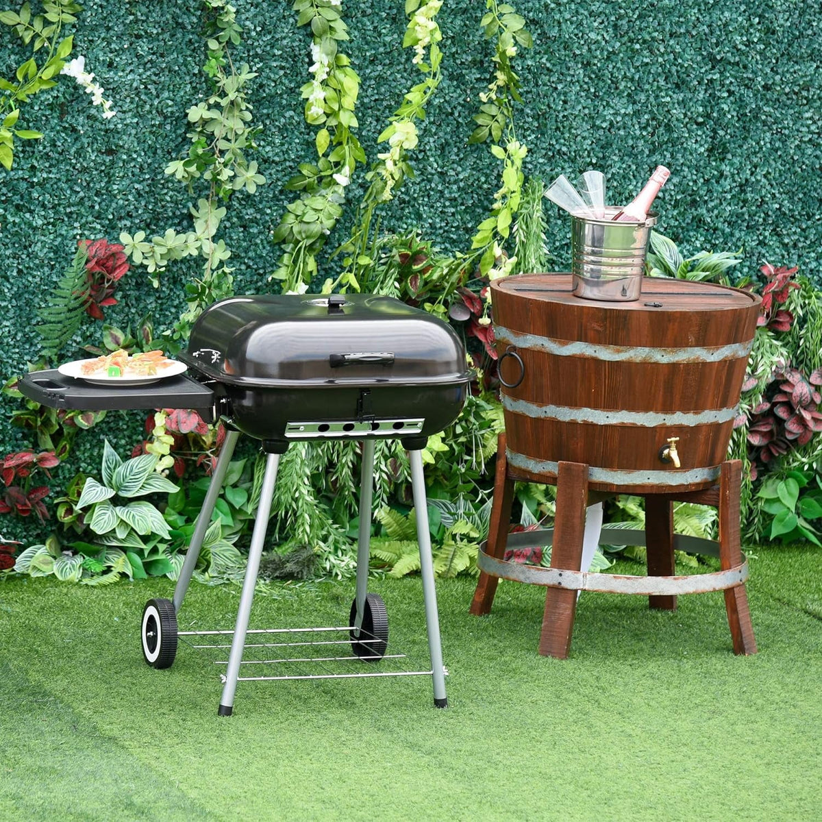 Portable Charcoal Grill with Foldable Side Shelf and Bottom Shelf, BBQ Smoker with Wheels and Adjustable Vents on Lid for Picnic Camping Backyard Cooking, Black