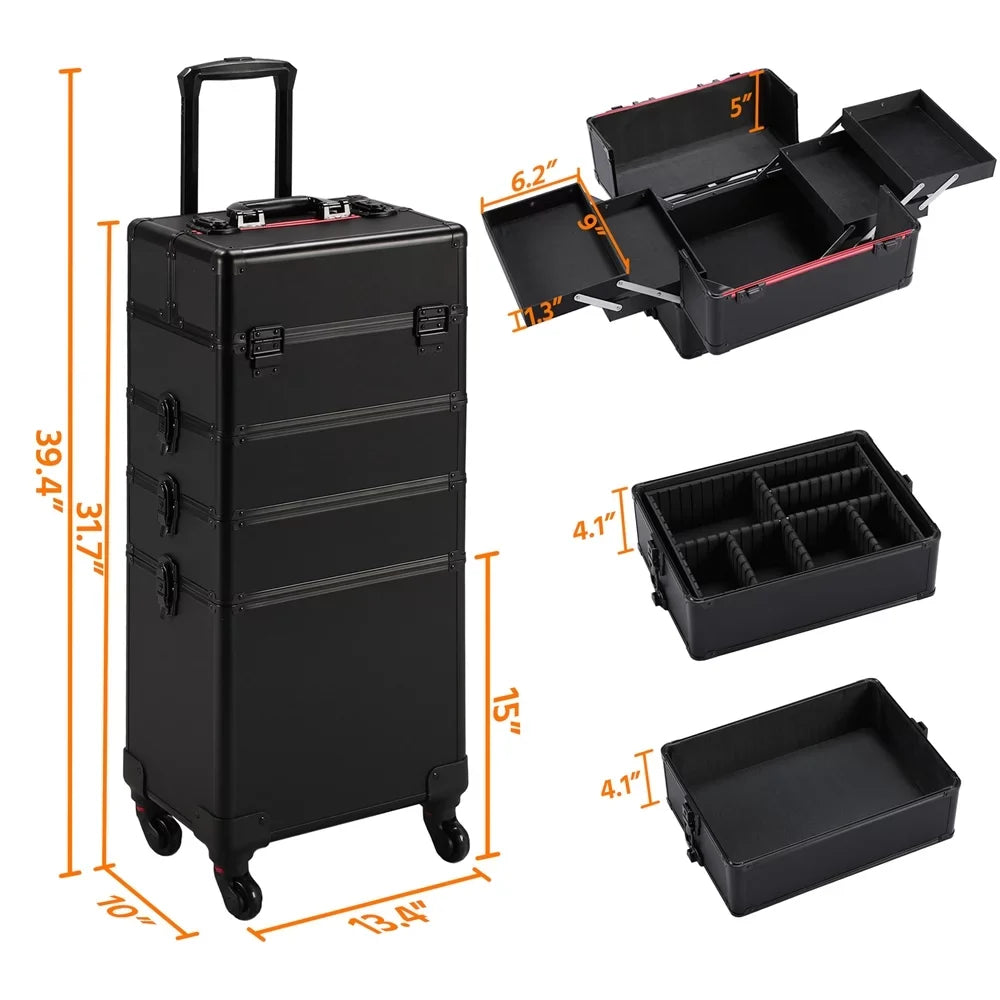 Alden Arrangement Professional 4-in-1 Aluminum Travel Cosmetic Makeup Case, Black