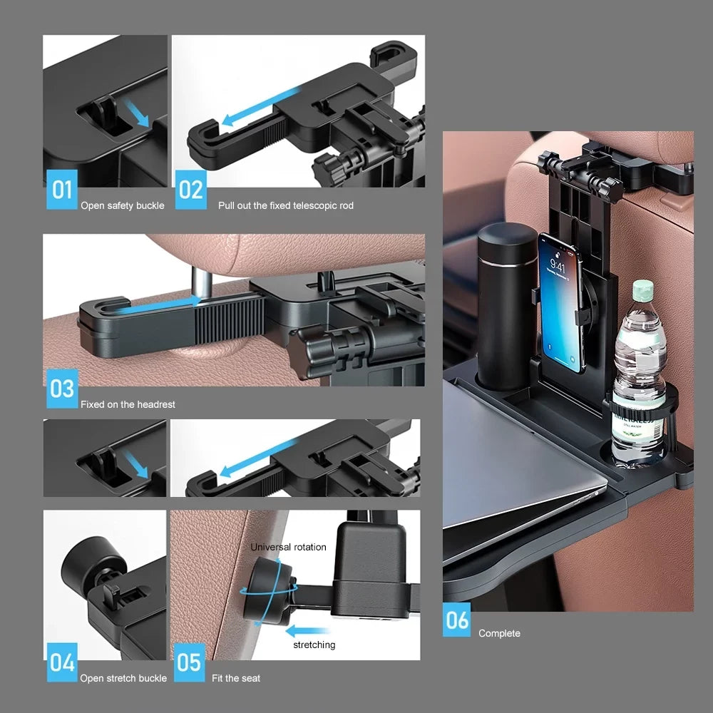 Multifunctional Car Back Seat Table: Adjustable Travel Tray with Phone Holder - Foldable, Ideal for Working, Writing, Eating - Convenient Black Arrangement