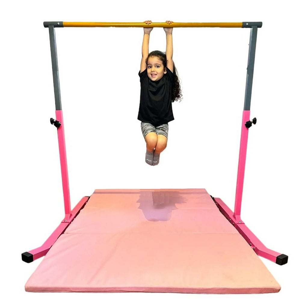 5 Star-TD Pink Gymnastic Kip Bar for Kids, Expandable 3-5 FT, Adjustable Height Horizontal Bar, Heavy Duty Curved Legs, Junior Training Equipment, Home Gymnastics, Strong and Sturdy