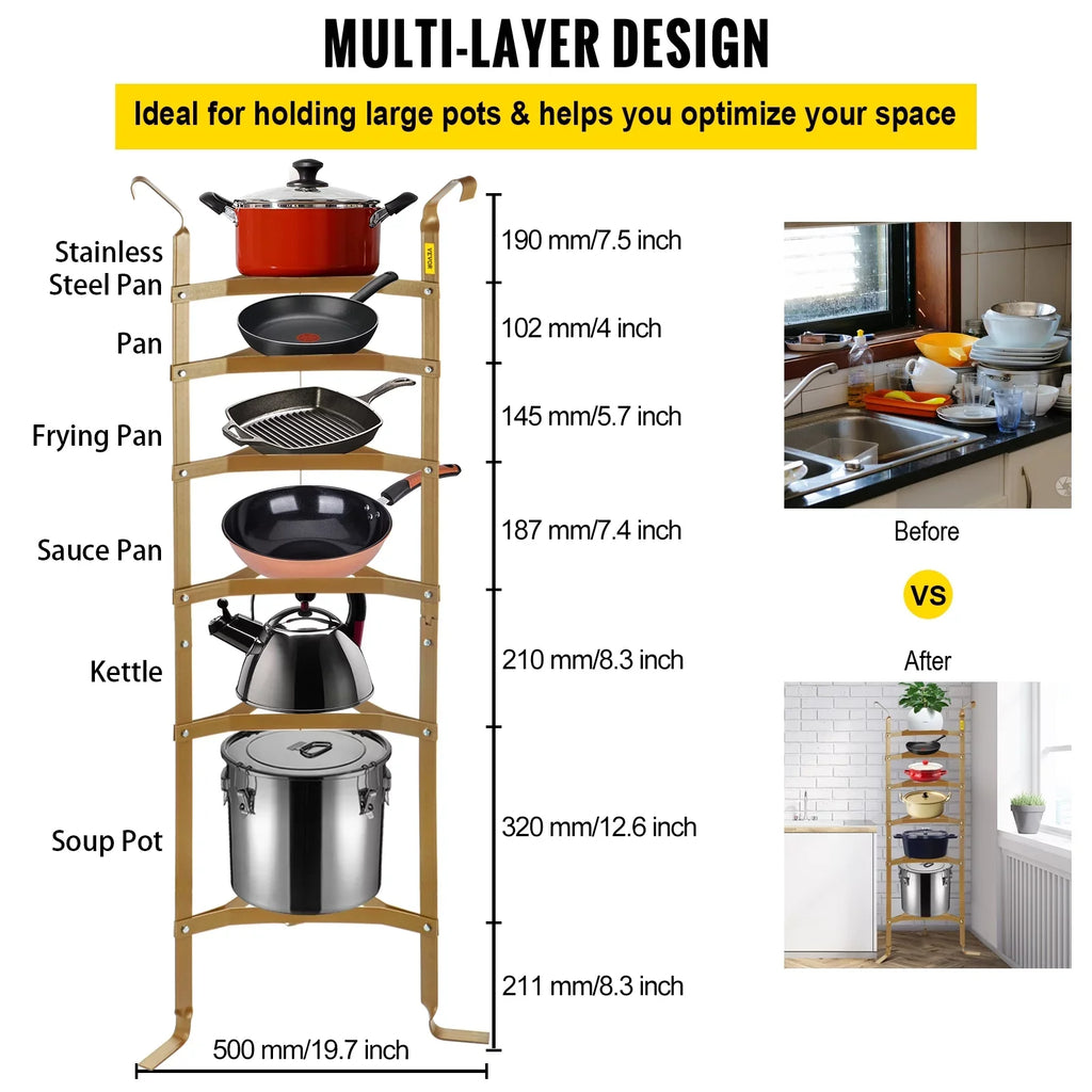 SKYSHALO 6-Tier Cookware Stand, Carbon Steel Multi-Layer Pot Rack, 61-inch Cookware Shelf, Copper Cookware Storage Tower, Unassembled Kitchen Corner Shelf Rack for Pans, Pots, Baskets Kettles Storage
