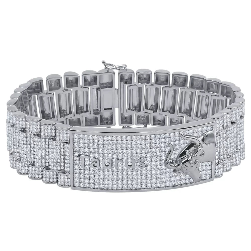 Zodiac Sign Taurus Bull 14K White Gold Finish Simulated Diamond Mens Bracelet 8.5''