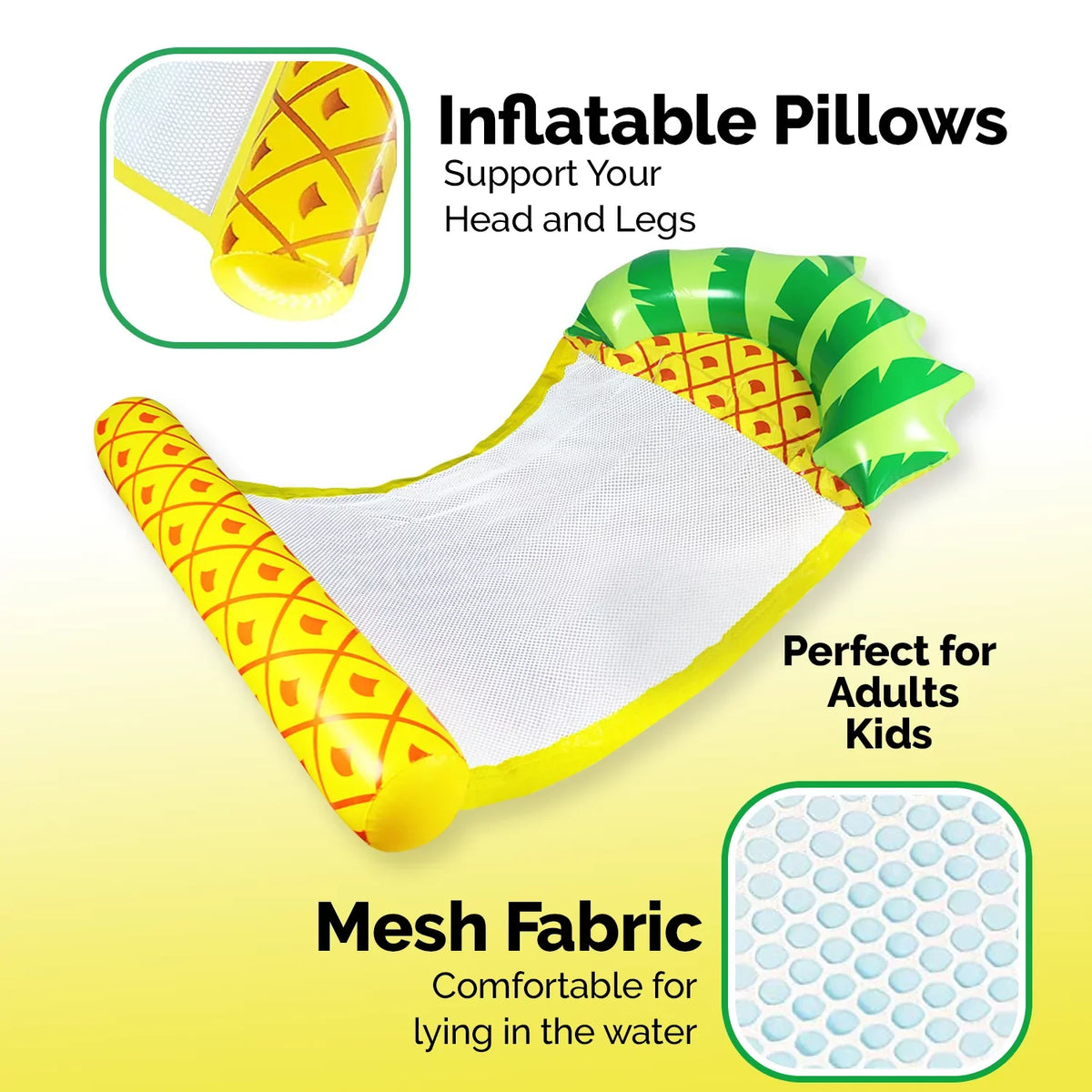 Zoey Adult Swimming Pool Float Water Hammock Lounger, Multi Purpose Ease Inflatable Water Float Pool Lounge, Swimming Pool Float Hammock Raft-Pineapple