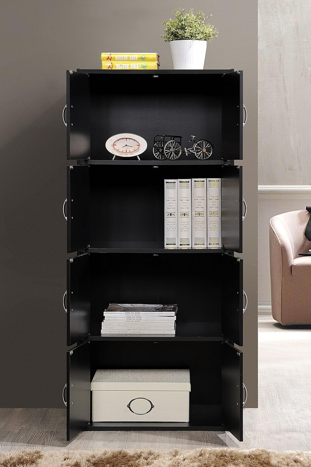 HID44 8 Door 4 Shelf Modern Timber Heavy Duty Floor Mount Multipurpose Storage Bookcase Cabinet with Installation Hardware, Black