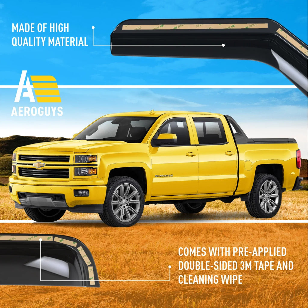 AEROGUYS In-Channel Window Deflectors Extra Long-lasting Window Visors Rain Guards Fit for Chevrolet (Chevy) Silverado 1500 2014-2018 Crew Cab, Sun Visors, Wind Vent Visors, Truck Accessories -4pcs. AG0421