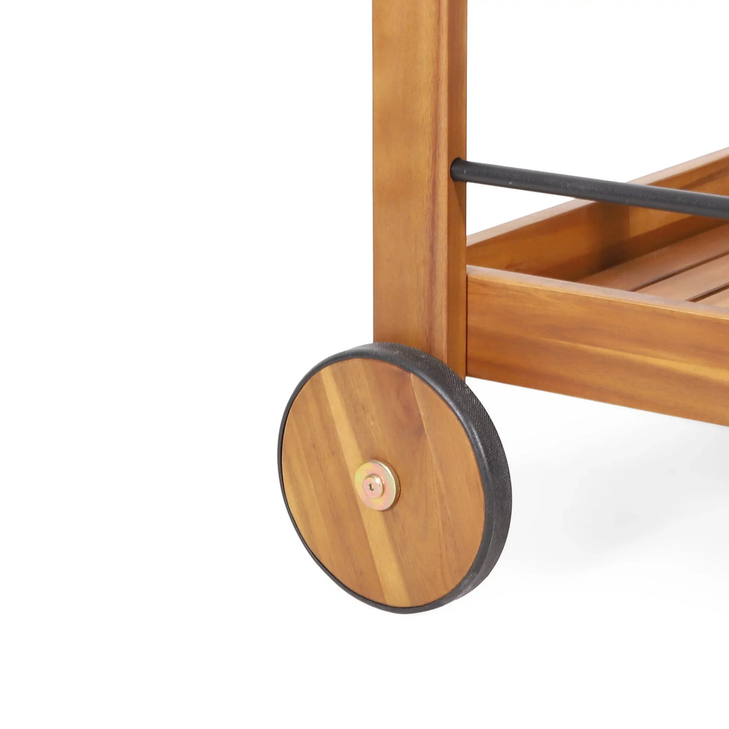 GDF Studio Bonneau Outdoor Acacia Plank 2 Tiered Bar Cart with Bottle Holders, Teak and Black