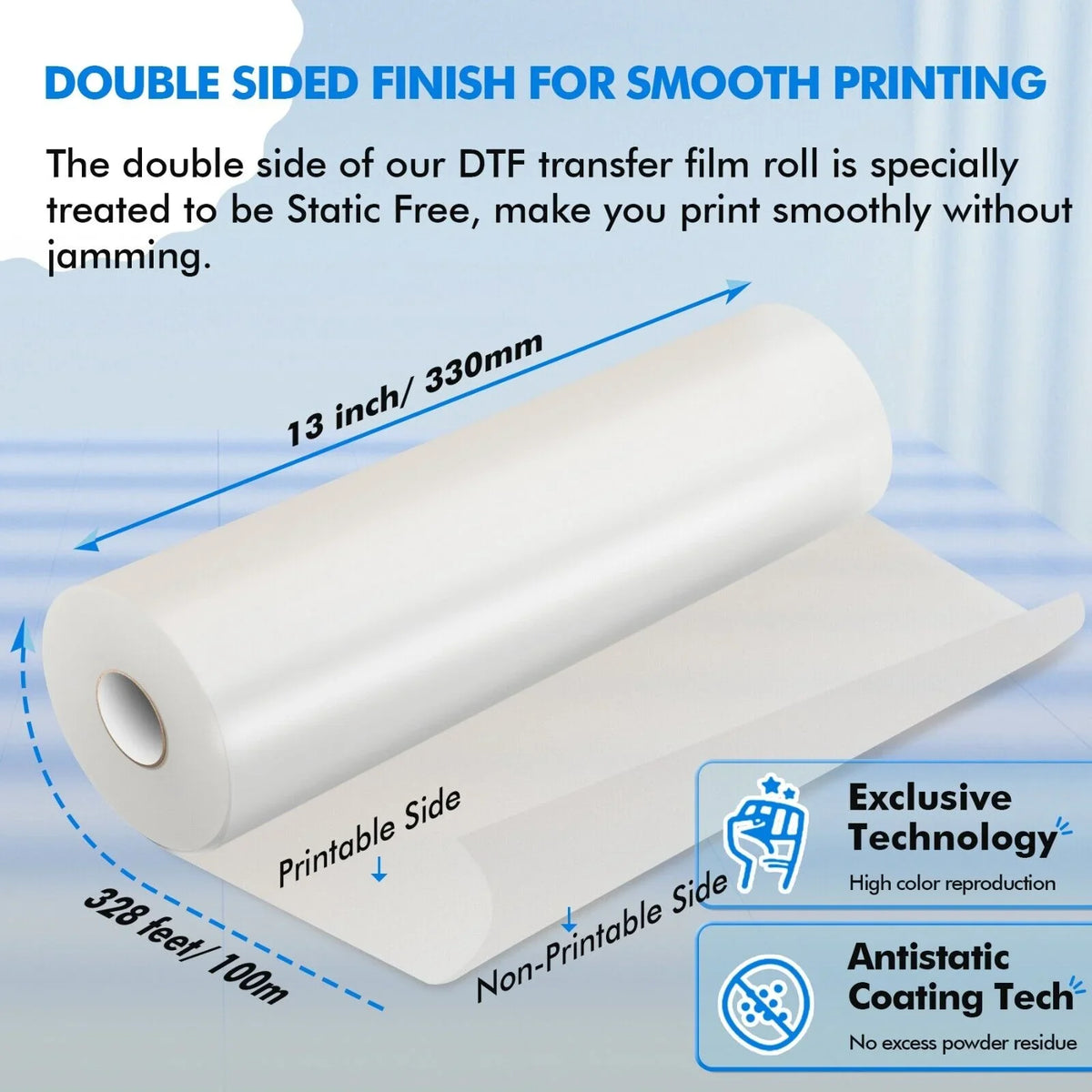 A-SUB DTF Film Roll 13 in X 328 FT DTF Transfer Film for Sublimation DTF Heat Transfer, 13"x328' DTF Paper Roll
