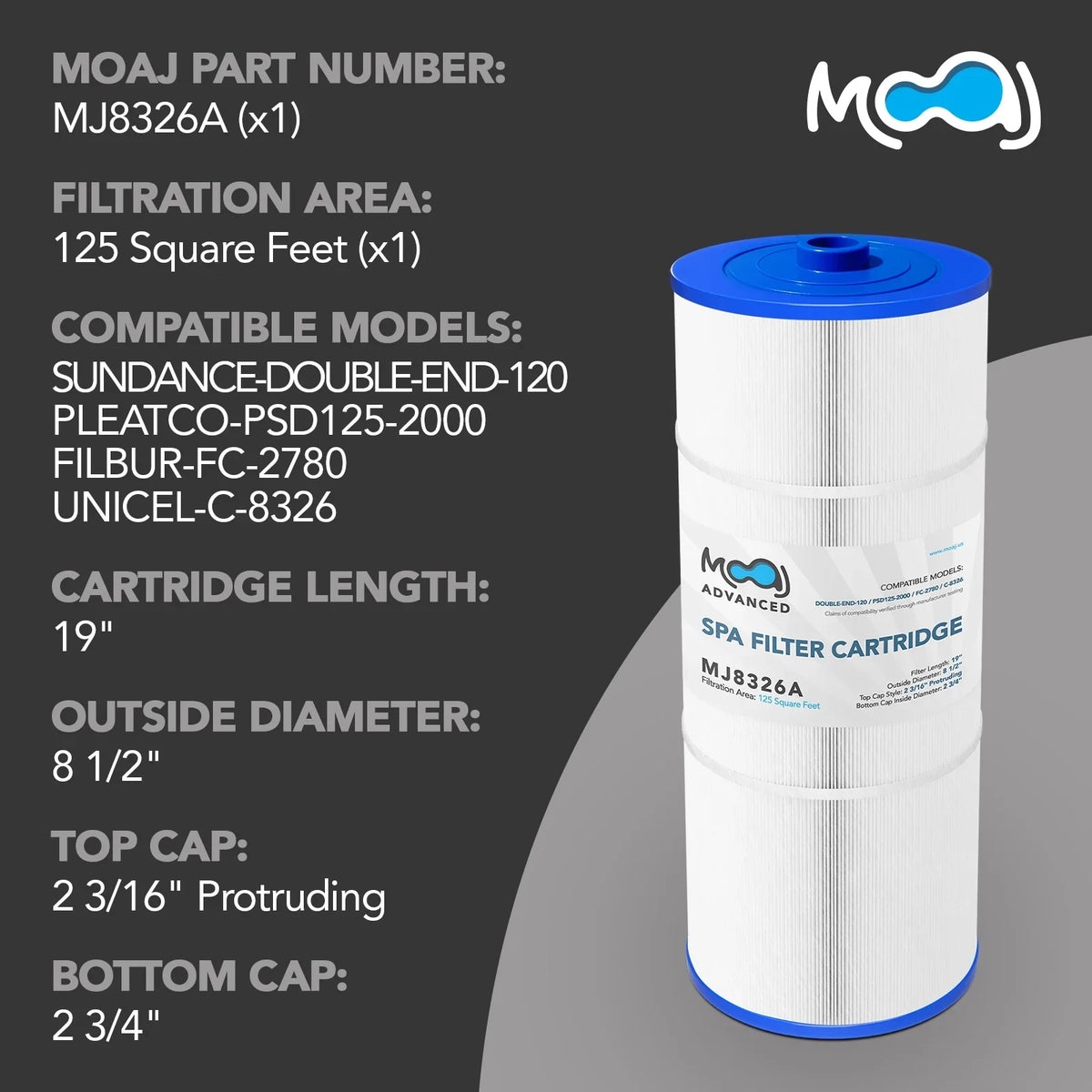 MOAJ Advanced Pool Filter 2-PACK Replaces PSD125-2000, Sundance Spas 6540-488, Double End 120, Filbur FC-2780, Unicel C-8326, Magnum SU125, XLS-831 | 19" x 8 1/2" | 125 SQ FT | Washable & Reusable