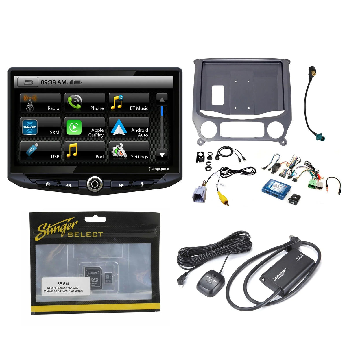 Stinger Heigh10 10" In-dash Infotainment System compatible with Apple CarPlay & Android Auto, Includes Satellite Radio Tuner & Installation Kit compatible with 14-18 GM Trucks