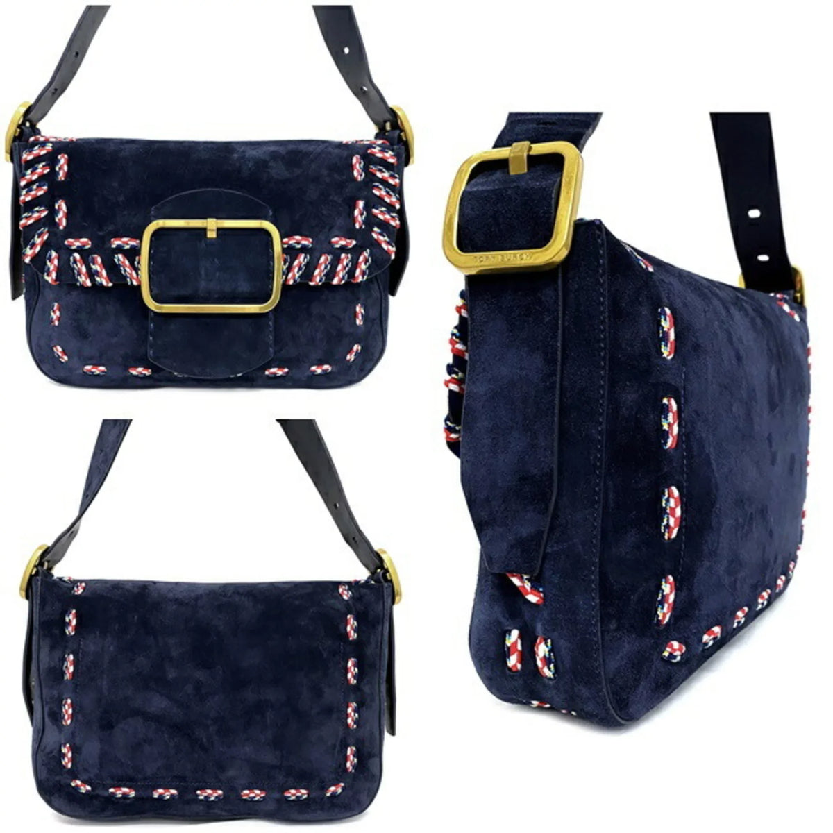 Pre-Owned Tory Burch One Shoulder Bag Navy Multicolor 10005608 01-17 Flap Leather Suede TORY BURCH Ladies (Good)