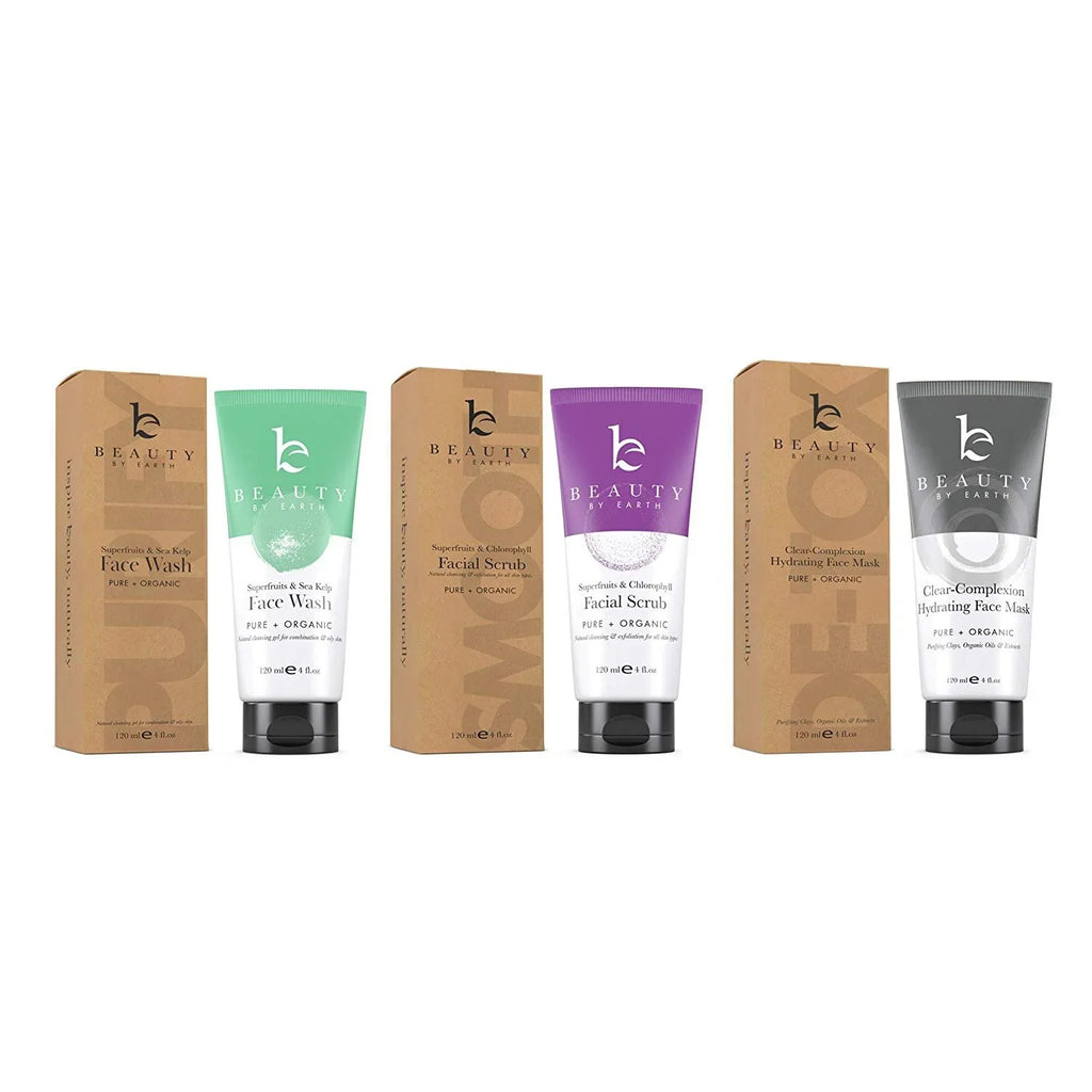 Natural Facial Kit – Facial Wash, Facial Scrub and Clay Mask made with natural ingredients for a gentle facial. The Wash is an invigorating soap, the Scrub contains anti-aging agents