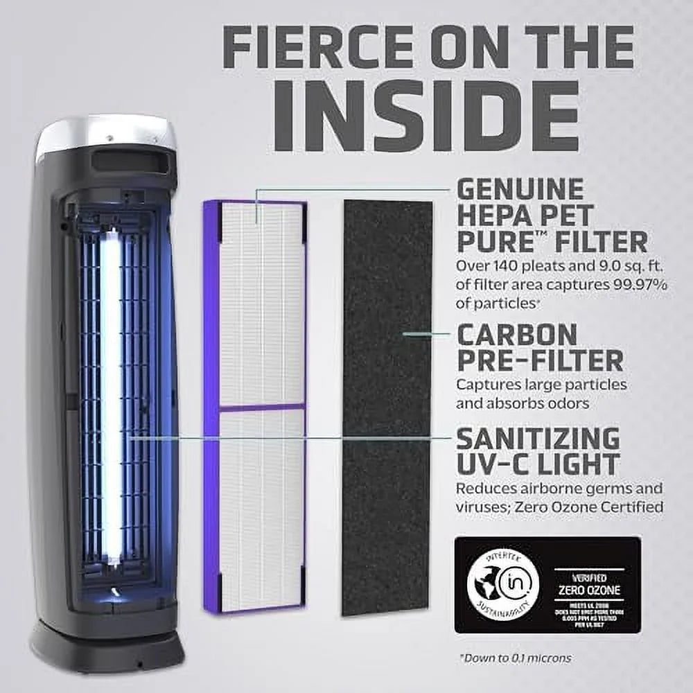 GermGuardian Air Purifier with Genuine HEPA 13 Pet Pure Filter, Removes 99.97% of Pollutants, Protection Large Rooms up to 915 Sq. ft. in 1 Hour, UV-C Light Helps Reduce Germs, 28", Black, AC5250PT