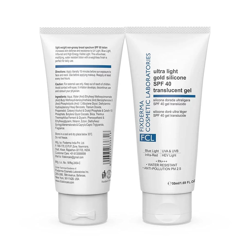 FIXDERMA COSMETIC LABORATORIES Ultra Light Gold Silicone SPF 40 Translucent Gel | Moisturizer for Acne Prone Skin | Sunscreen for Body & Face | Sun Screen Prote