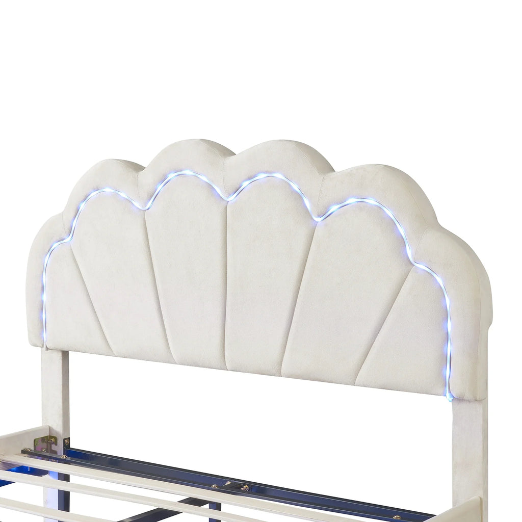 Cosymart Full Upholstered Smart LED Bed Frame with Elegant Flowers Headboard， Floating Velvet Platform LED Bed with Timber Slats Support， Beige