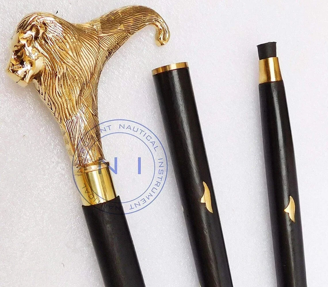 Victorian Premium Walking Cane Beautiful Plated Sturdy Brass Handle Walking Stick With Inlayed & Crutches Buffed Polished Canes for Men and Women (Lion)
