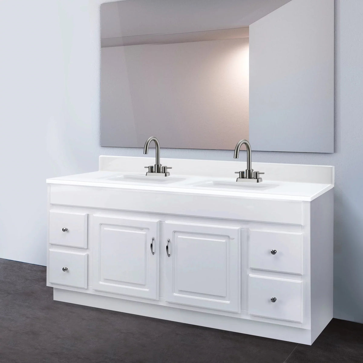 Pattern House 557678-WHT 61-inch Camilla Cultured Marble Centerset Mount Rectangle Double Bowl Vanity Top with Integrated Backsplash, Strong White