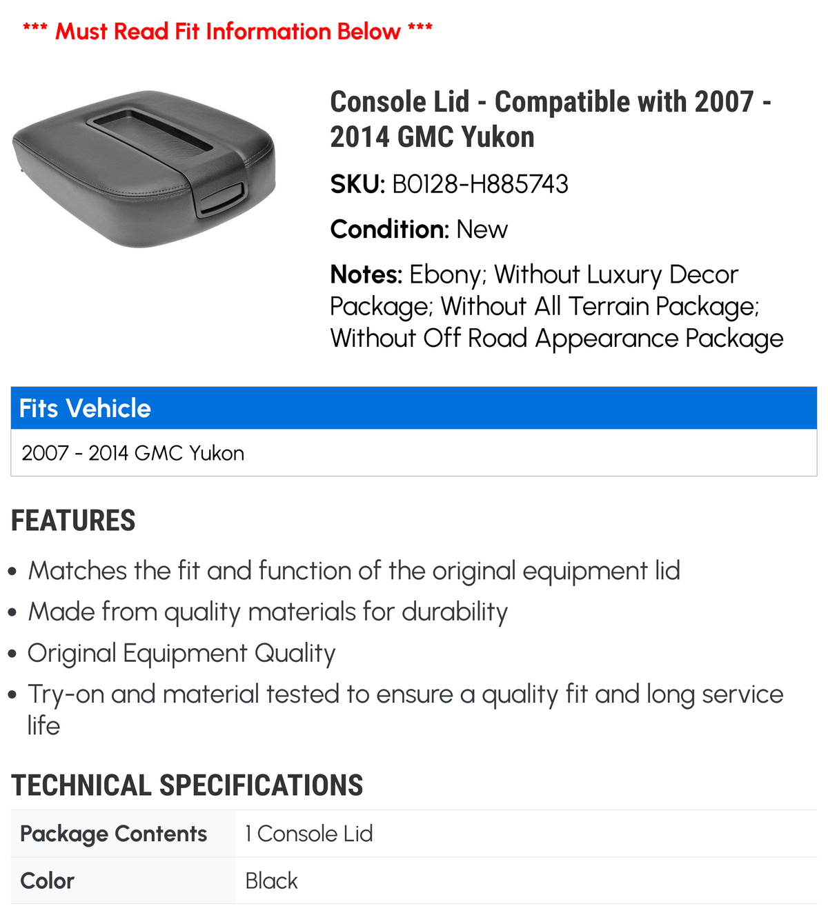 Console Lid - Compatible with 2007 - 2014 GMC Yukon 2008 2009 2010 2011 2012 2013