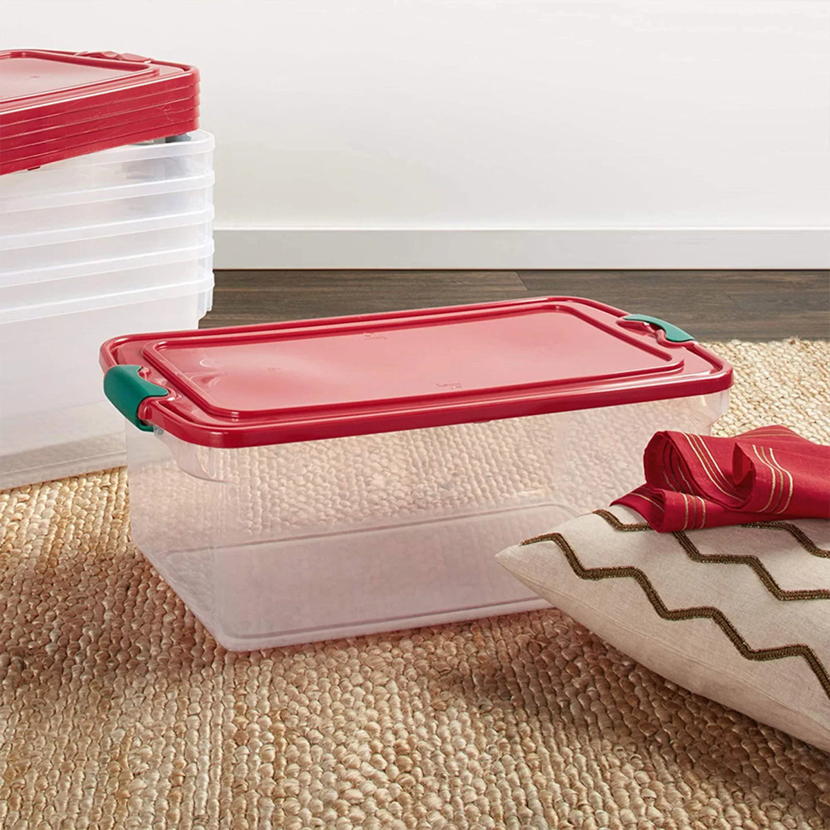 Homz 64 Quart Holiday Decor Plastic Storage Bin with Latching Lid, 6 Pack