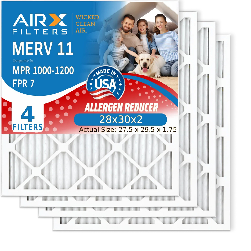 28x30x2 Air Filter MERV 11 Comparable to MPR 1000, MPR 1200 & FPR 7 Electrostatic Pleated Air Conditioner Filter 4 Pack HVAC Premium USA Made 28x30x2 Furnace Filters by AIRX FILTERS WICKED CLEAN AIR.