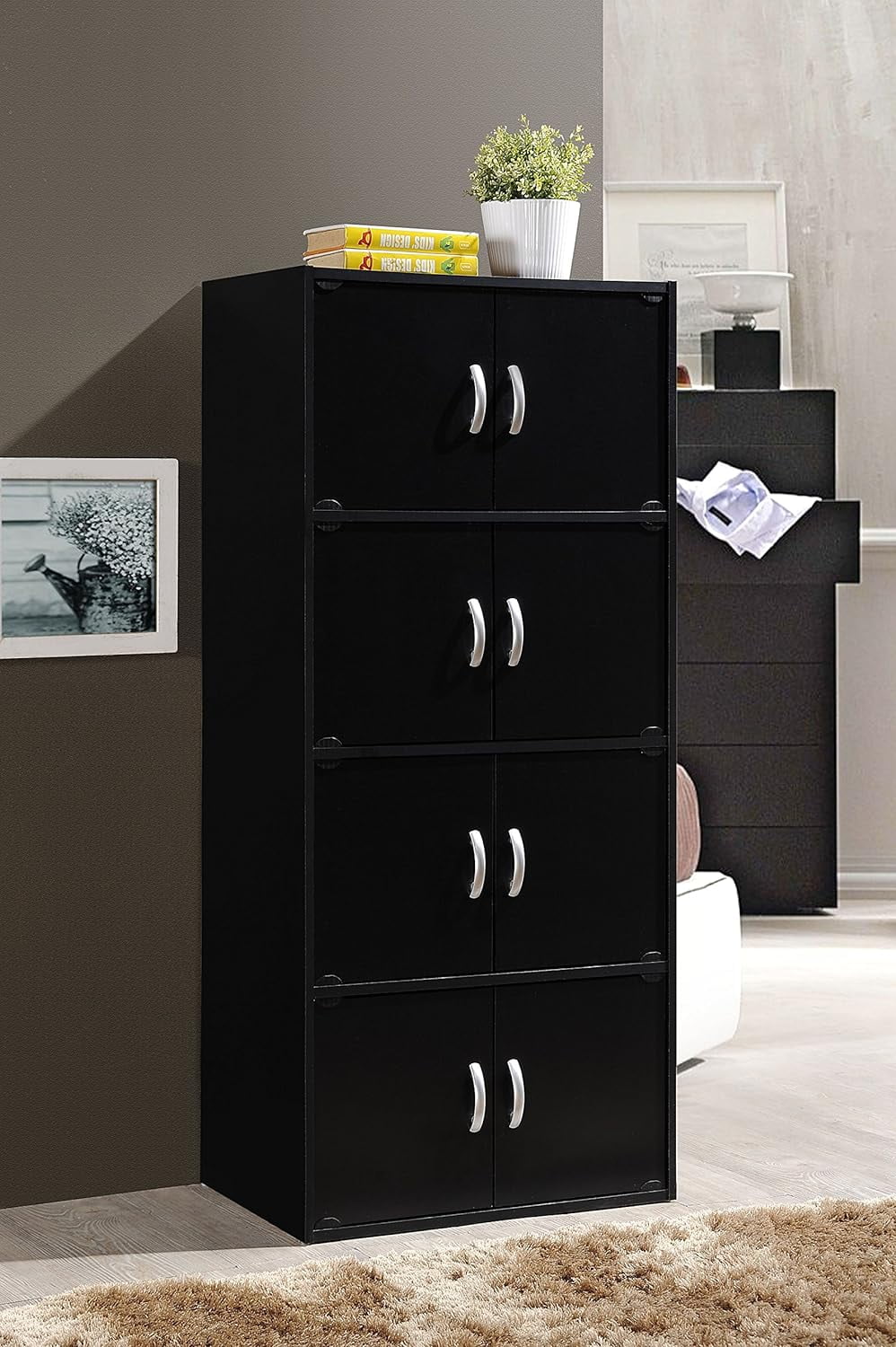 HID44 8 Door 4 Shelf Modern Timber Heavy Duty Floor Mount Multipurpose Storage Bookcase Cabinet with Installation Hardware, Black