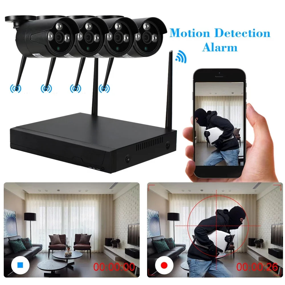 Andoer 4CH 1080P HD WiFi NVR Kit with 4pcs 1.0MP Wireless WiFi Waterproof Outdoor IP Support P2P IR-CUT Phone Control Motion Detection for CCTV System