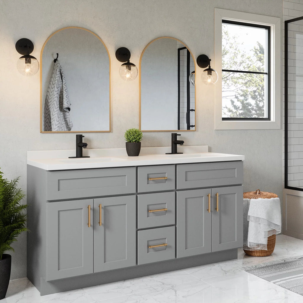 Pattern House 557678-WHT 61-inch Camilla Cultured Marble Centerset Mount Rectangle Double Bowl Vanity Top with Integrated Backsplash, Strong White
