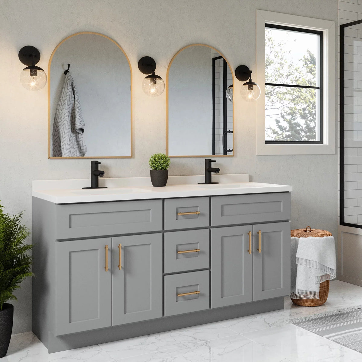 Pattern House 557678-WHT 61-inch Camilla Cultured Marble Centerset Mount Rectangle Double Bowl Vanity Top with Integrated Backsplash, Strong White