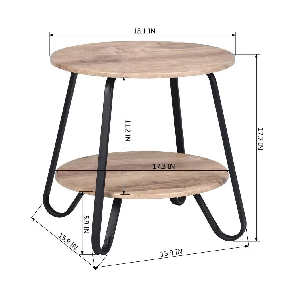 HomeRoots 483708 18 in. Manufactured Plank & Steel Round End Table, Black & Oak